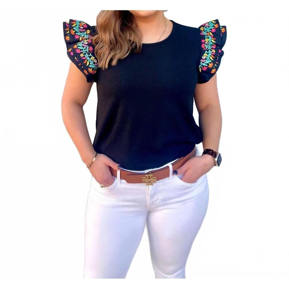 NEW WASHCO embroidered layered sleeve top in black